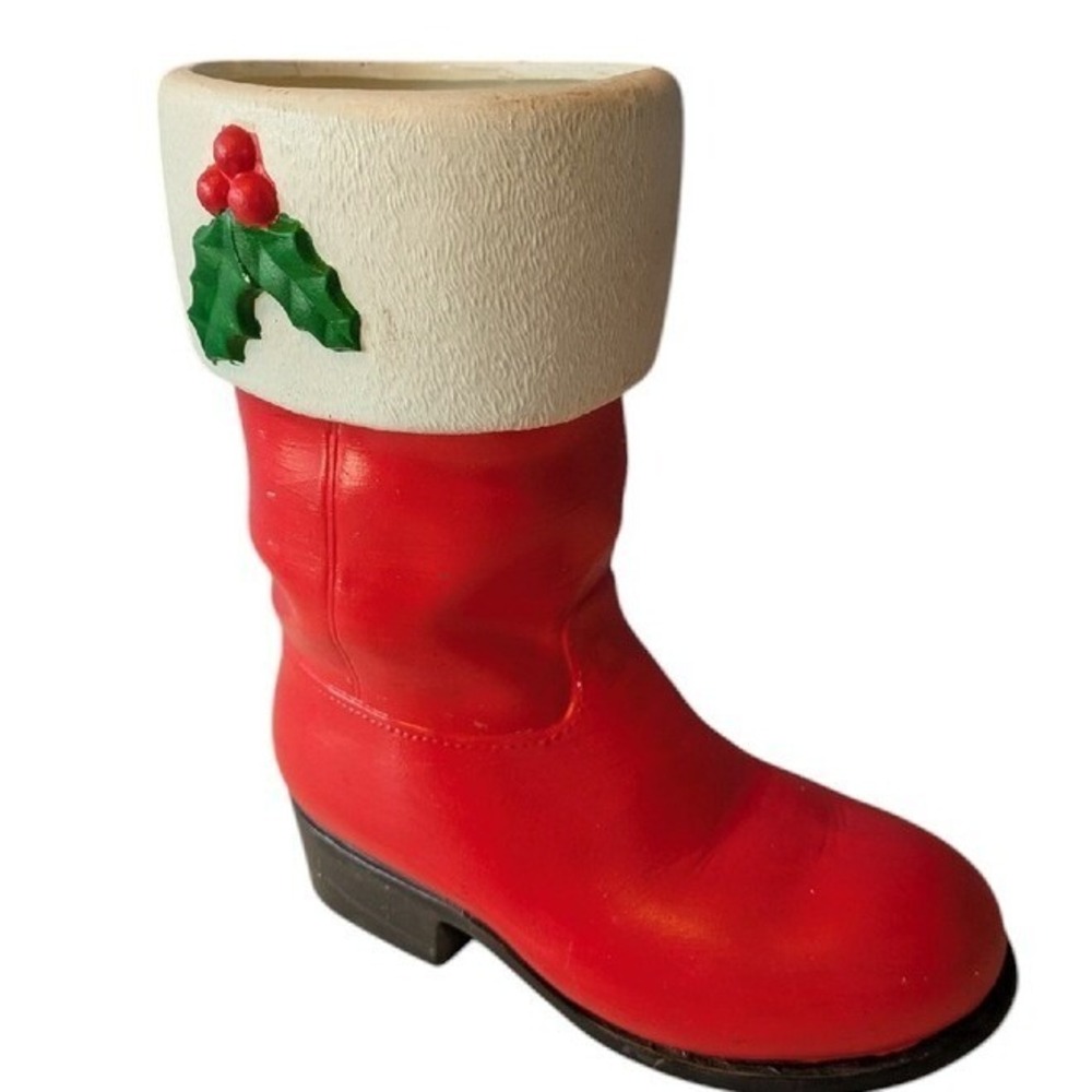 VTG Santa Boot Christmas Decor Holiday Decoration Tabletop Planter Red 9"x8"x4"